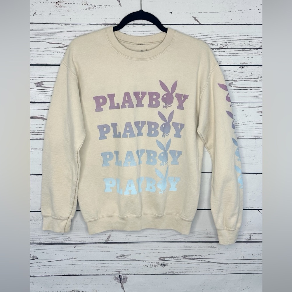 PLAYBOY Cream Crewneck with Purple to Light Blue Ombre Logos